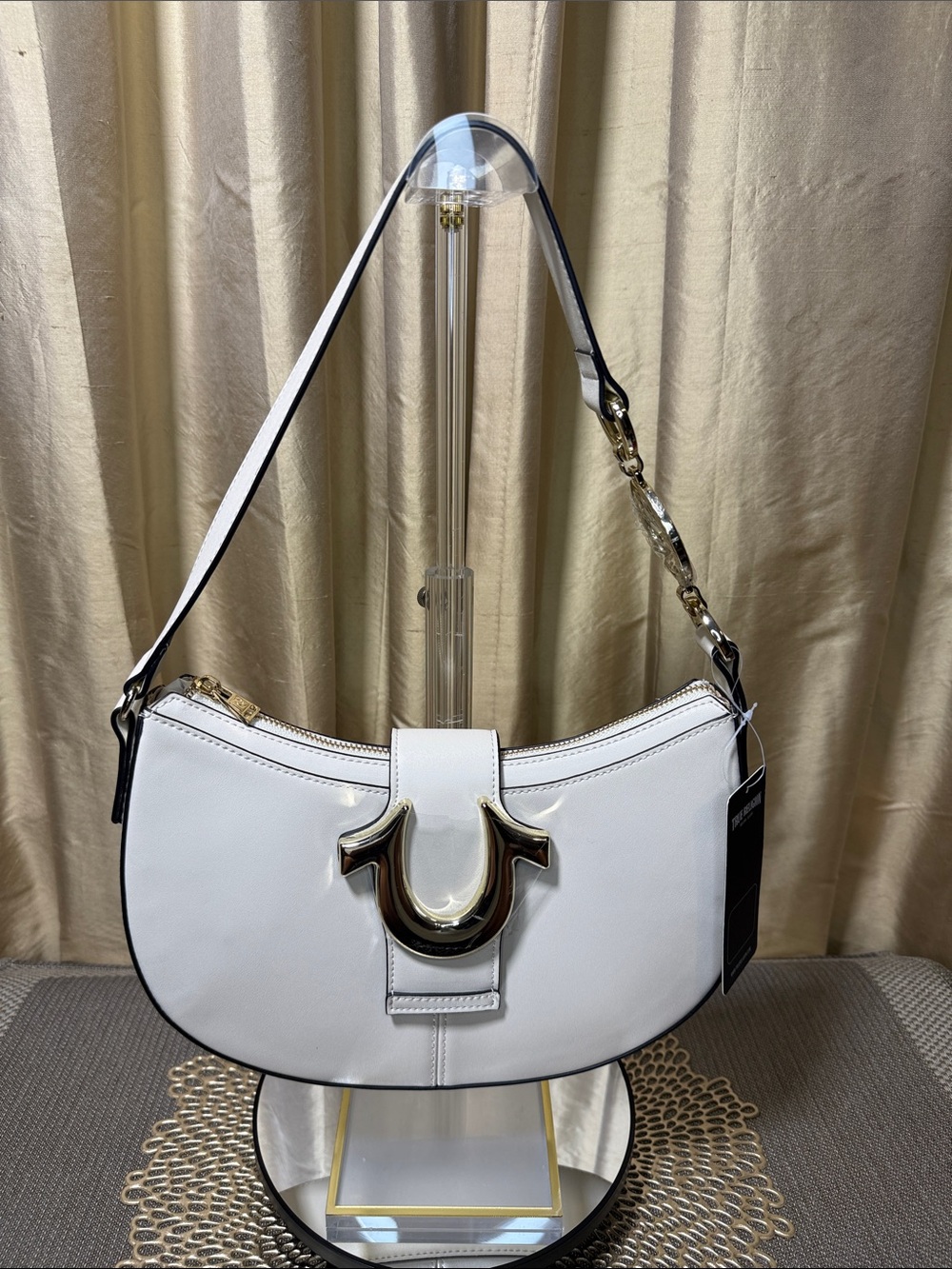 True Religion Ivory Crescent Hobo Shoulder Bag Gold Horseshoe